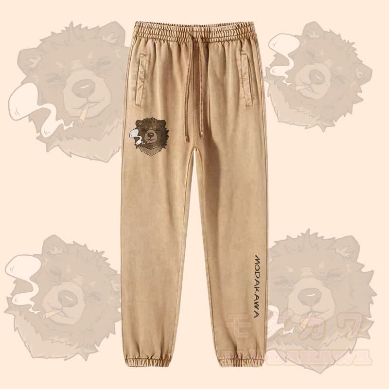 MODAKAWA Smoking Bear Graphic Vintage Washed Jogger Pants - Khaki - 2XL - image 1