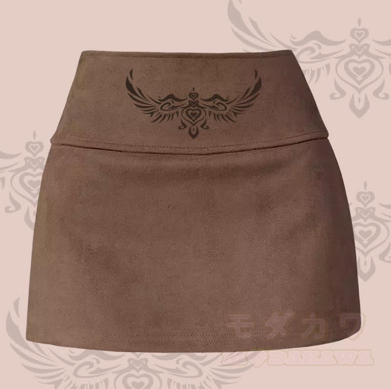 MODAKAWA Wing Heart Totem Graphic Slit Mini Skirt - Brown - XL - image 2