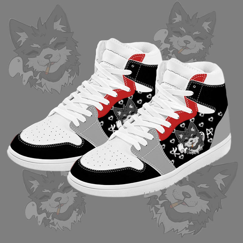 MODAKAWA Koda Smoking Puppy Graphic Color Block High Top Canvas Shoes - Black A - 48 - image 1
