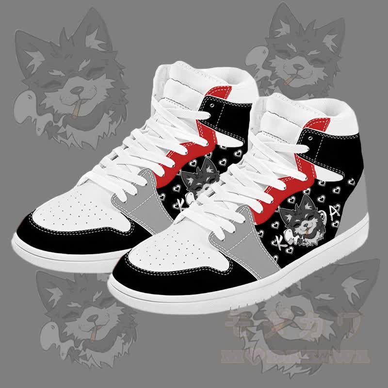 MODAKAWA Koda Smoking Puppy Graphic Color Block High Top Canvas Shoes - Black A - 48 - image 1