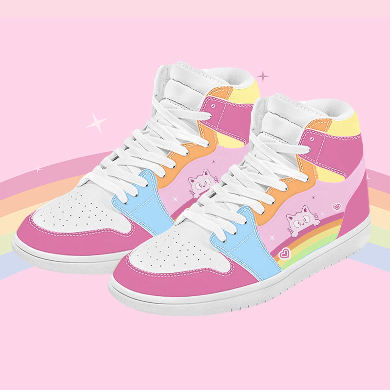 MODAKAWA Rainbow Cat Graphic Color Block High Top Canvas Shoes - Pink A - 48 - image 1