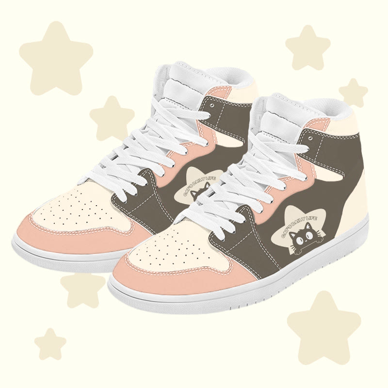 MODAKAWA Star Cat Graphic Color Block High Top Canvas Shoes - Brown A - 48 - image 1