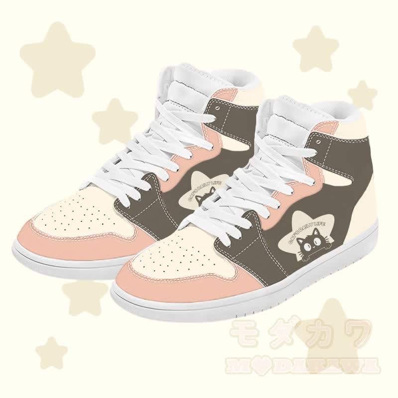 MODAKAWA Star Cat Graphic Color Block High Top Canvas Shoes - Brown A - 48 - image 1