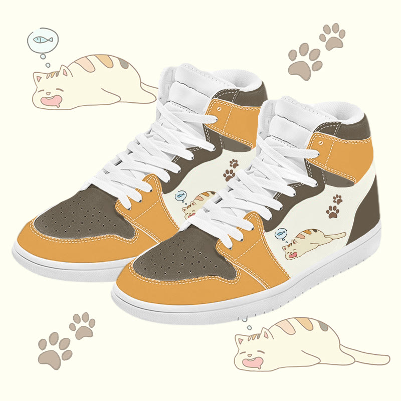 MODAKAWA Sleepy Kitty Graphic Color Block High Top Canvas Shoes - Yellow A - 48 - image 1