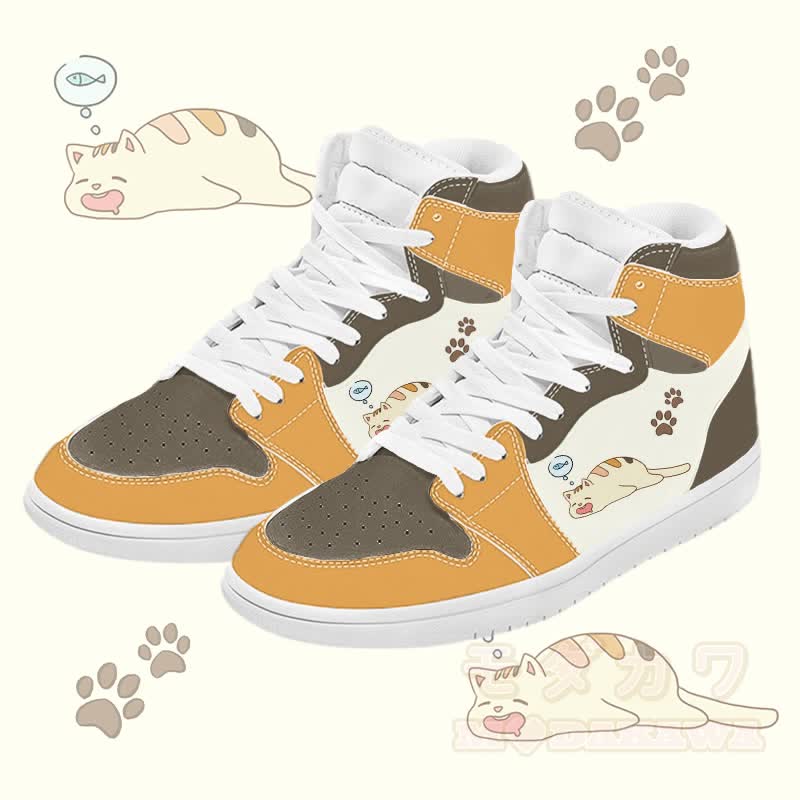 MODAKAWA Sleepy Kitty Graphic Color Block High Top Canvas Shoes - Yellow A - 48 - image 1