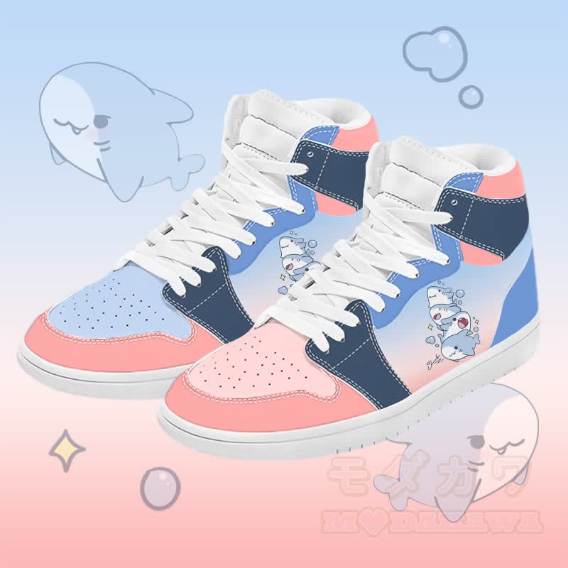 MODAKAWA Gradient Playful Shark Graphic Color Block High Top Canvas Shoes - Blue - 48 - image 1
