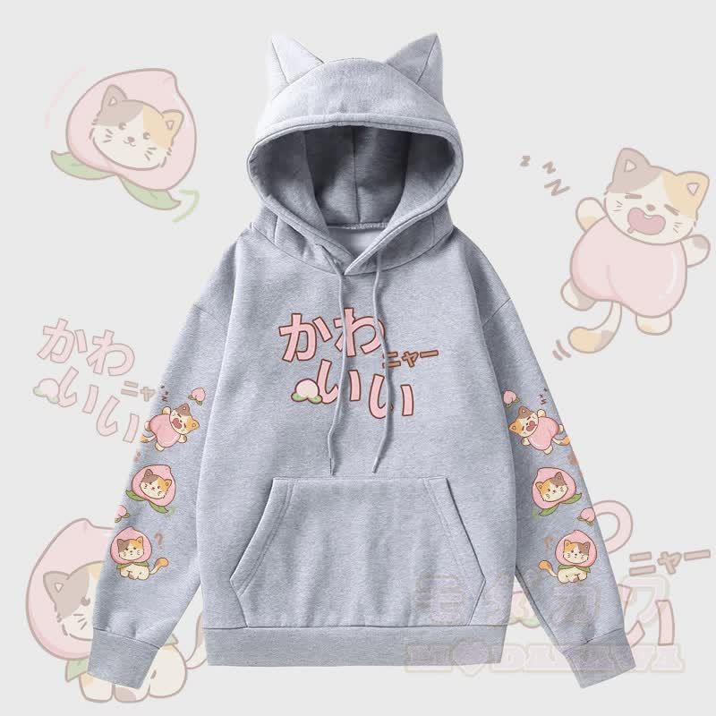 MODAKAWA Peach Cat Graphic Pocket Fleece Lined Hoodie with Cat Ears  - Grey - 2XL - image 2