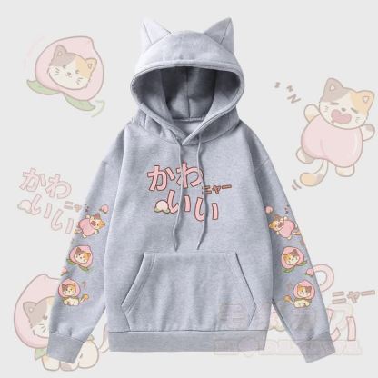 MODAKAWA Peach Cat Graphic Pocket Fleece Lined Hoodie with Cat Ears  - Grey - 2XL - image 2