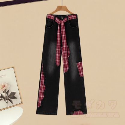 Knit Vest Lace-up Shirt Plaid Denim Pants Matching Outfit - Pants - XL - image 4