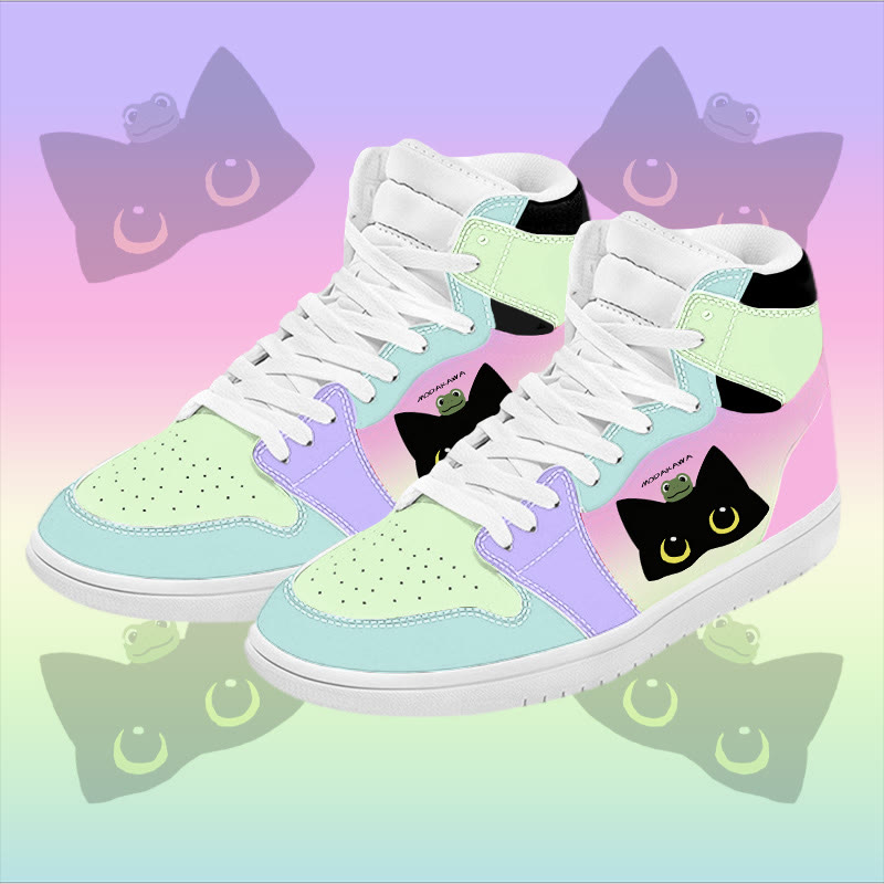MODAKAWA Gradient Frog And Black Cat Graphic Color Block High Top Canvas Shoes - Green - 48 - image 1