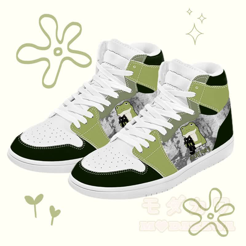 MODAKAWA Frog And Black Cat Graphic Color Block High Top Canvas Shoes - Green - 48 - image 2