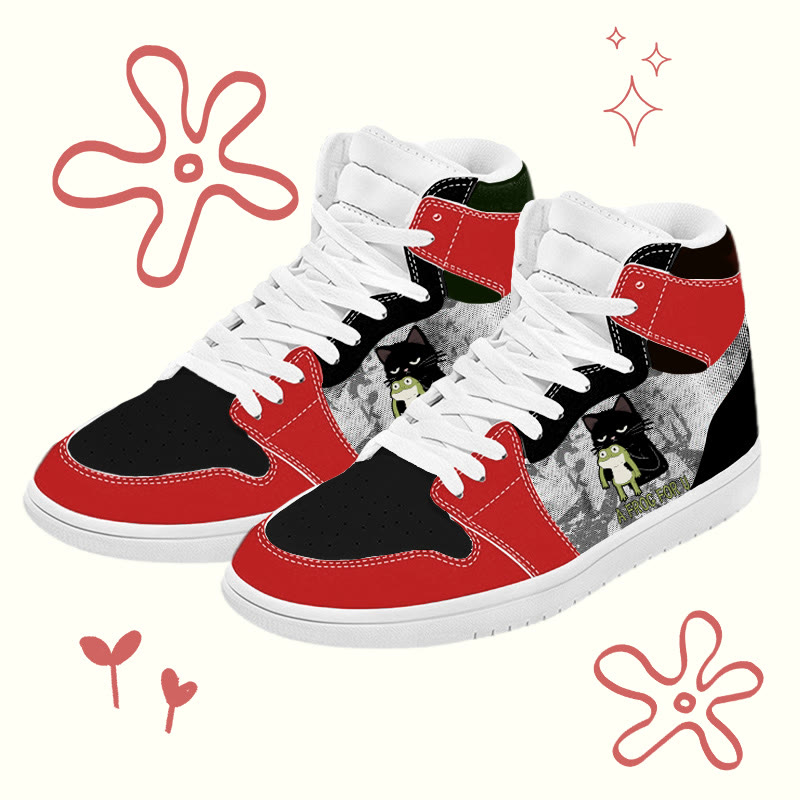 MODAKAWA Frog And Black Cat Graphic Color Block High Top Canvas Shoes - Red - 48 - image 1