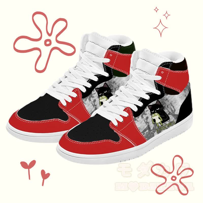 MODAKAWA Frog And Black Cat Graphic Color Block High Top Canvas Shoes - Red - 48 - image 1
