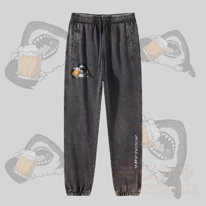 MODAKAWA Shark Drinking Beer Graphic Vintage Washed Jogger Pants - Dark Grey - 2XL - image 2