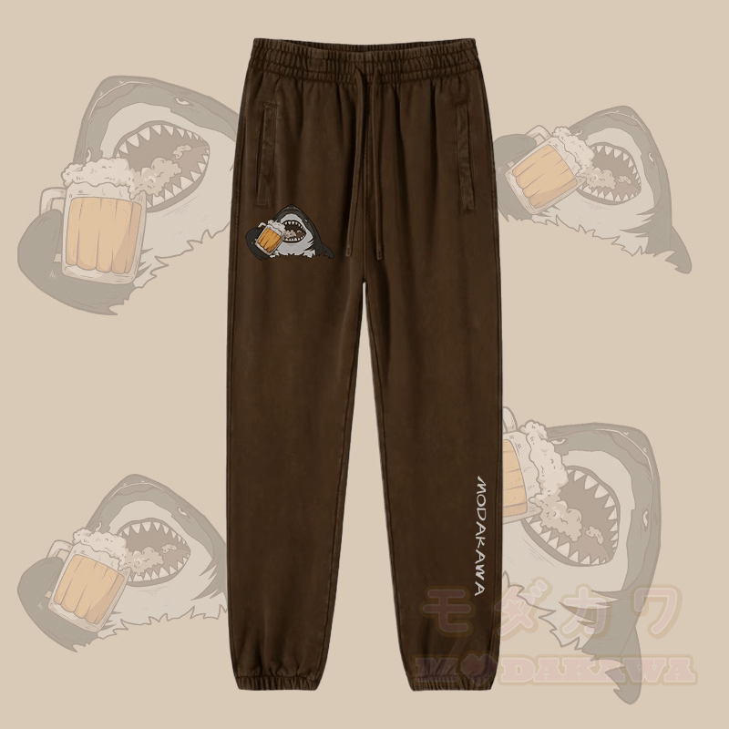 MODAKAWA Shark Drinking Beer Graphic Vintage Washed Jogger Pants - Brown - 2XL - image 4