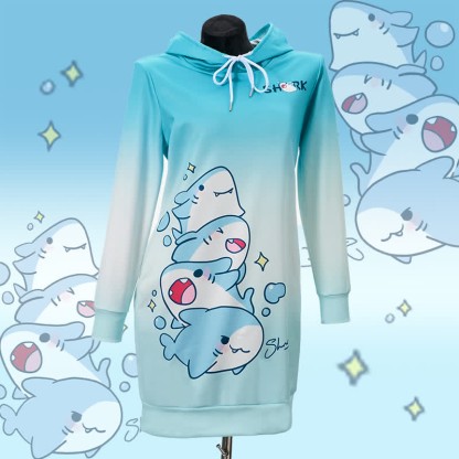 MODAKAWA Gradient Shark Hooded Sweatshirt Dress With Side Pockets - Blue - 4XL - image 1