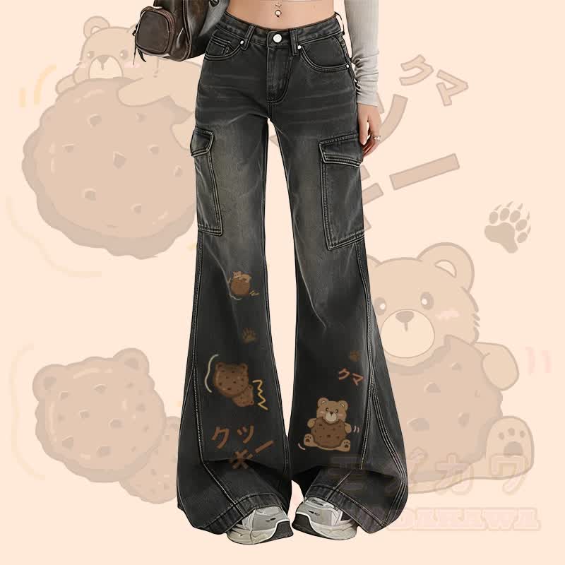 MODAKAWA Cookie Bear Graphic Flare Denim Pants - Black - XL - image 1