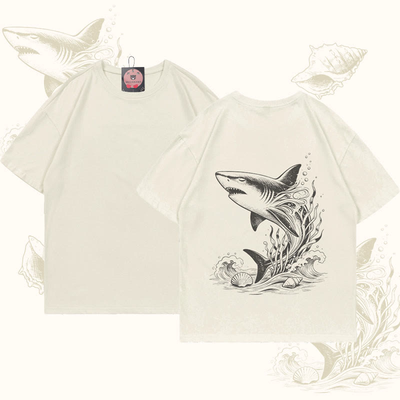 MODAKAWA Ocean Shark Graphic T-shirt - Beige - 5XL - image 3