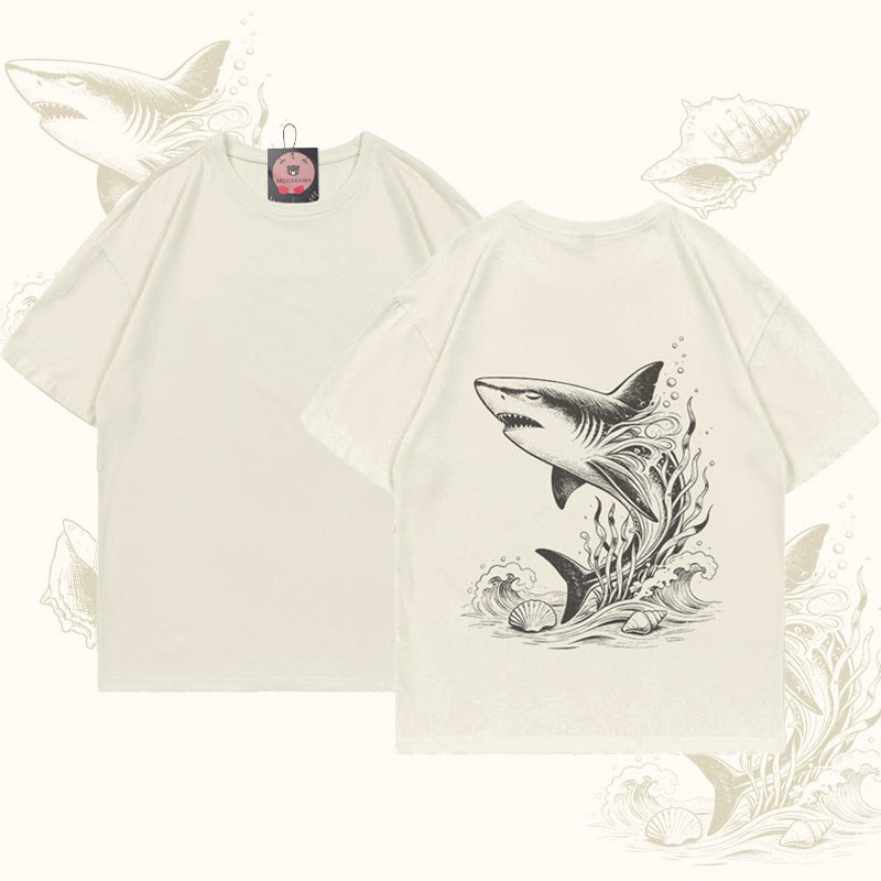 MODAKAWA Ocean Shark Graphic T-shirt - Beige - 5XL - image 3