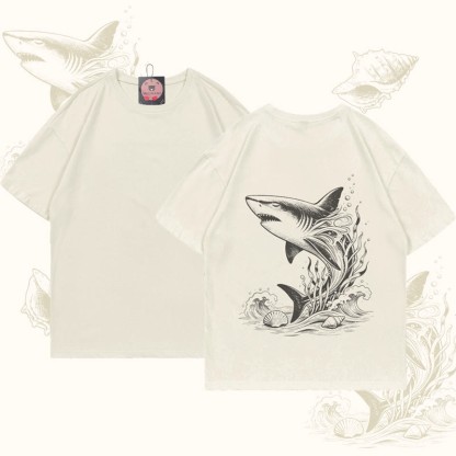 MODAKAWA Ocean Shark Graphic T-shirt - Beige - 5XL - image 3