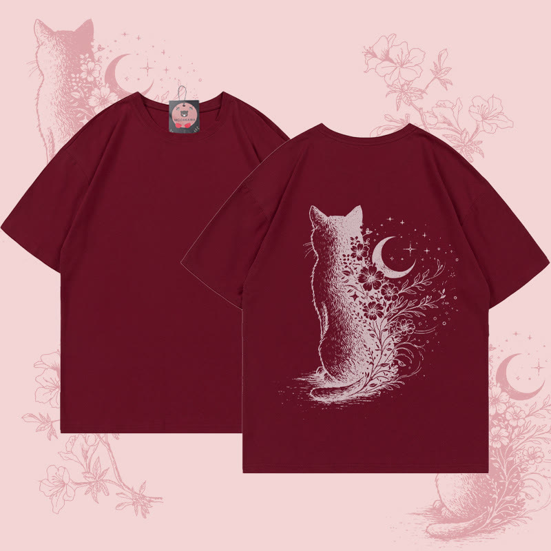 MODAKAWA Moon Cat Graphic T-shirt - Wine Red - 5XL - image 1