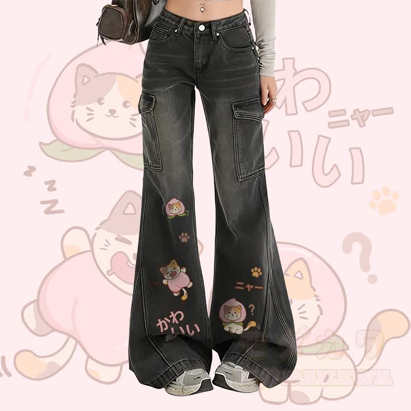 MODAKAWA Peach Cat Graphic Flare Denim Pants - Black - XL - image 1