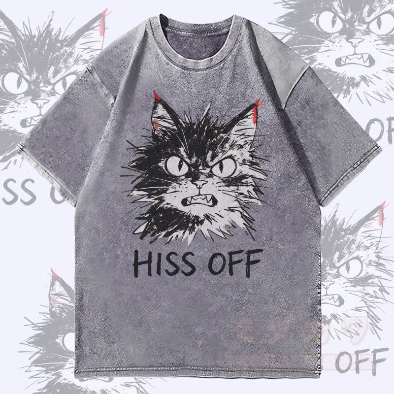 MODAKAWA HISS OFF Angry Cat Graphic Unisex Vintage Washed T-Shirt - Grey - 4XL - image 1
