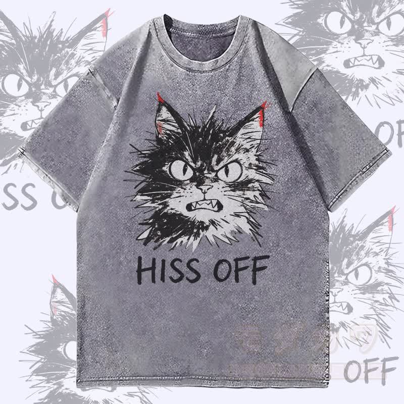 MODAKAWA HISS OFF Angry Cat Graphic Unisex Vintage Washed T-Shirt - Grey - 4XL - image 1