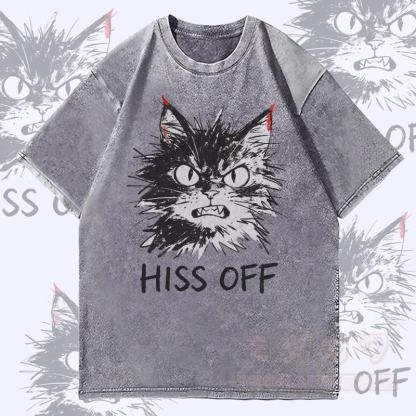 MODAKAWA HISS OFF Angry Cat Graphic Unisex Vintage Washed T-Shirt - Grey - 4XL - image 1