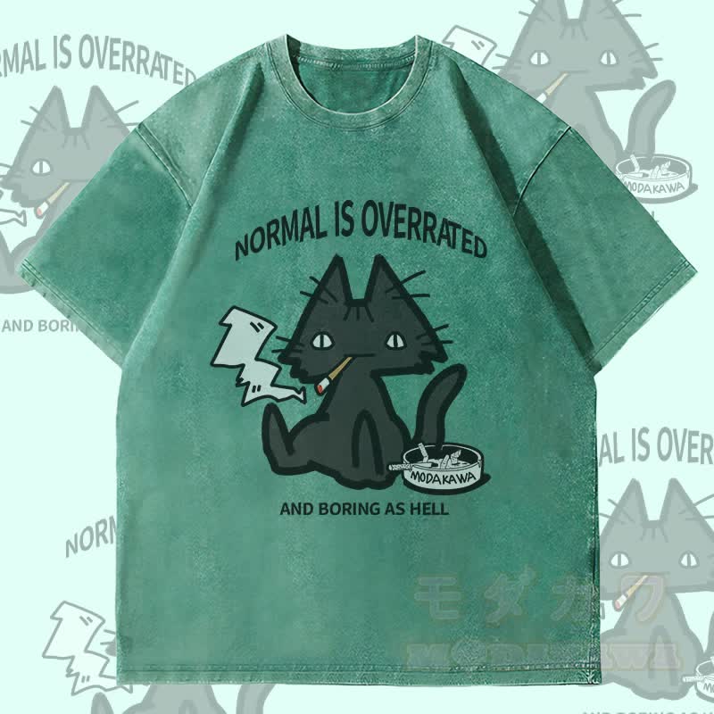 MODAKAWA NORMAL IS OVERRATED Smoking Cat Graphic Unisex Vintage Washed T-Shirt - Green - 4XL - image 1