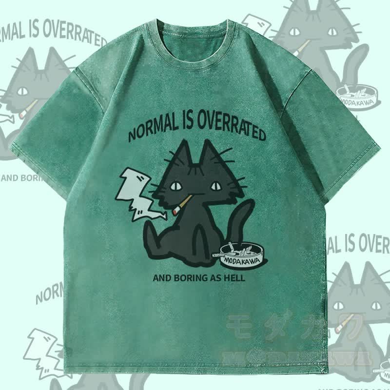 MODAKAWA NORMAL IS OVERRATED Smoking Cat Graphic Unisex Vintage Washed T-Shirt - Green - 4XL - image 1