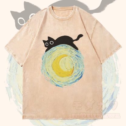MODAKAWA Black Cat Lying On The Moon Graphic Unisex Vintage Washed T-Shirt - Apricot - 4XL - image 2