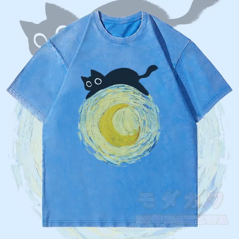 MODAKAWA Black Cat Lying On The Moon Graphic Unisex Vintage Washed T-Shirt - Blue - 4XL - image 1
