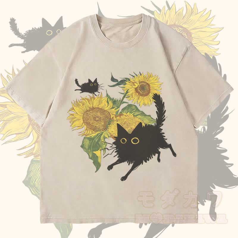 MODAKAWA Black Cat And Sunflowers Graphic Unisex Vintage Washed T-Shirt - Beige - 4XL - image 2
