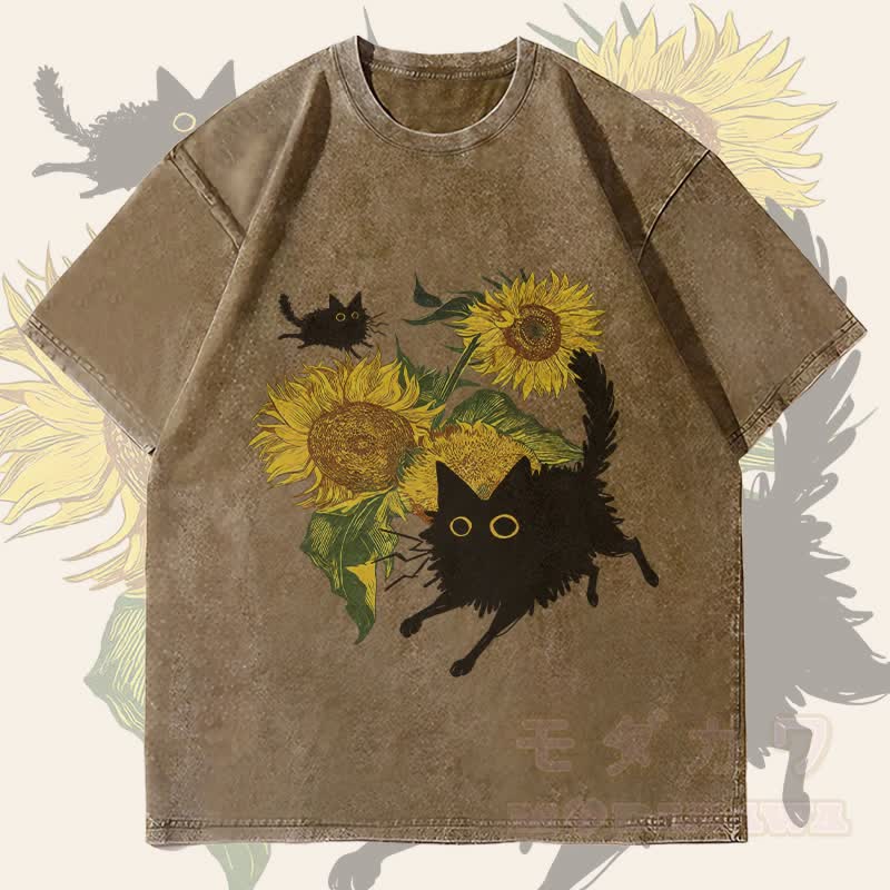 MODAKAWA Black Cat And Sunflowers Graphic Unisex Vintage Washed T-Shirt - Dark Brown - 4XL - image 1