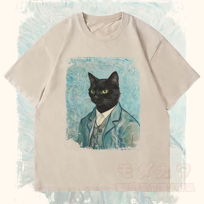 MODAKAWA Gentleman Black Cat Graphic Unisex Vintage Washed T-Shirt - Beige - 4XL - image 2