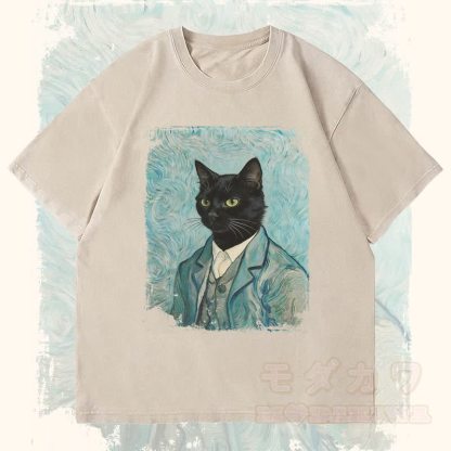 MODAKAWA Gentleman Black Cat Graphic Unisex Vintage Washed T-Shirt - Beige - 4XL - image 2
