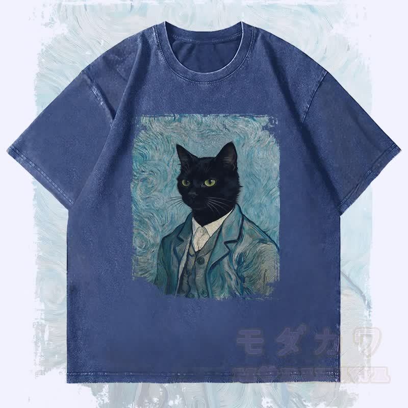 MODAKAWA Gentleman Black Cat Graphic Unisex Vintage Washed T-Shirt - Dark Blue - 4XL - image 1