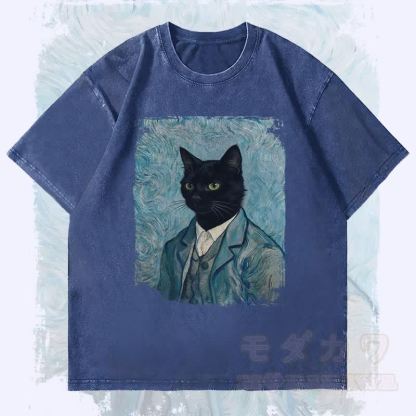 MODAKAWA Gentleman Black Cat Graphic Unisex Vintage Washed T-Shirt - Dark Blue - 4XL - image 1