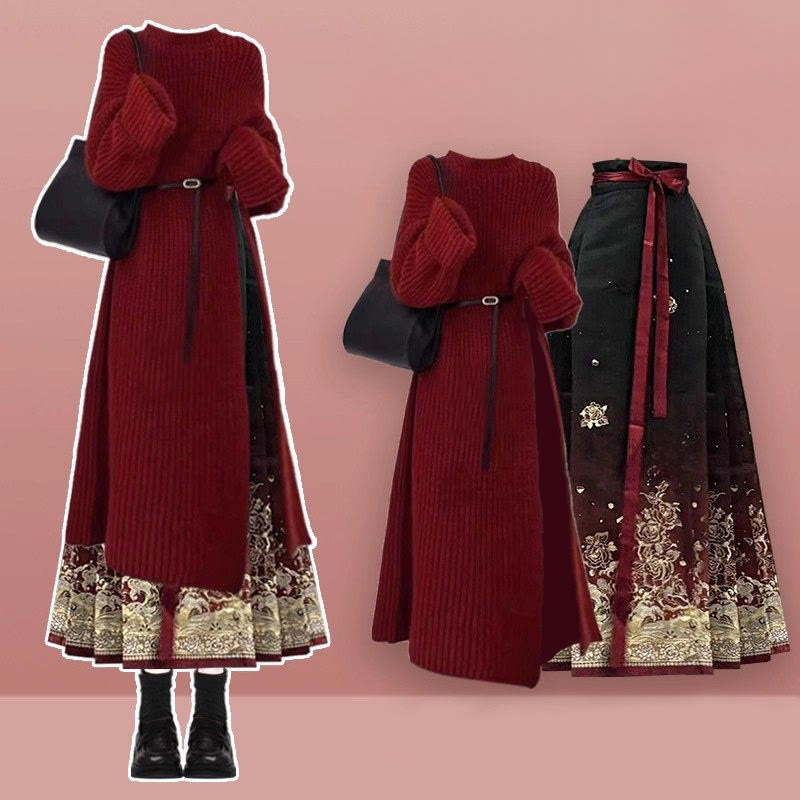 Knit Sweater Dress Vintage Flower Horse-face Skirt Matching Outfit - Set - XL - image 1