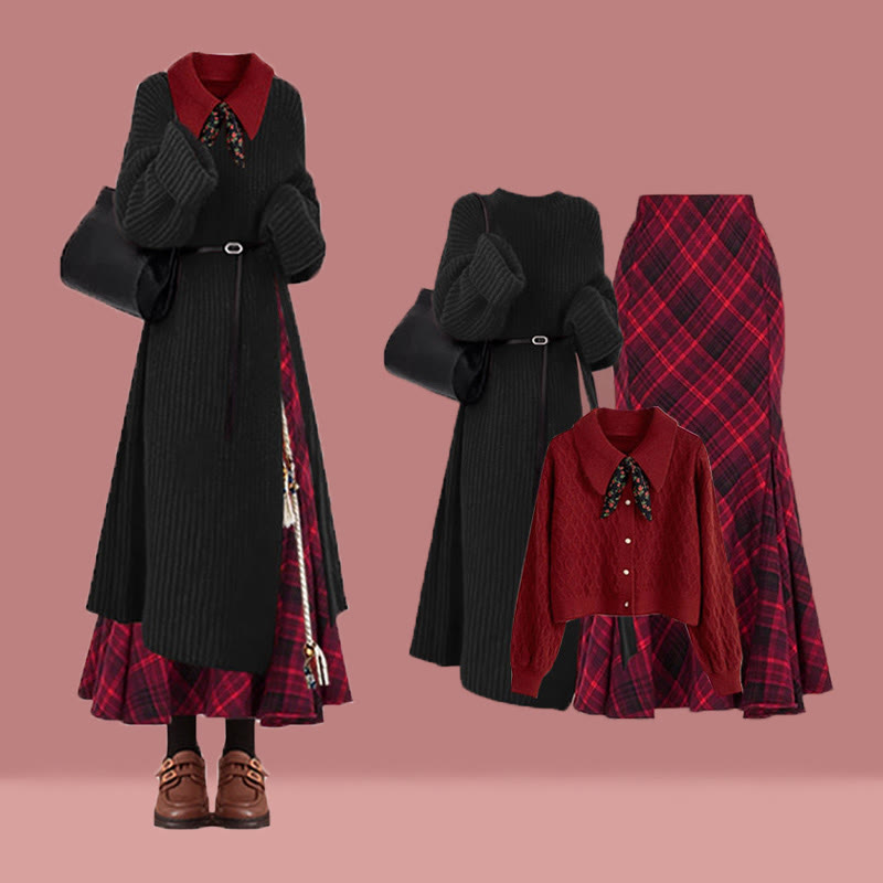 Knit Sweater Dress Red Sweater Plaid Mermaid Skirt Matching Outfit - Set - XL - image 1
