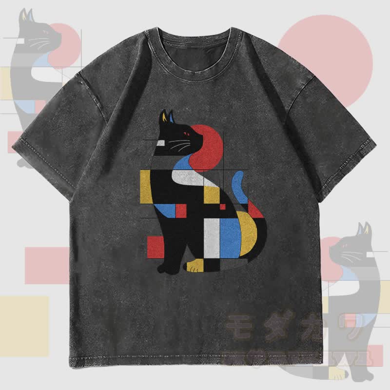 MODAKAWA Geometric Cat Graphic Unisex Vintage Washed T-Shirt - Black - 4XL - image 4