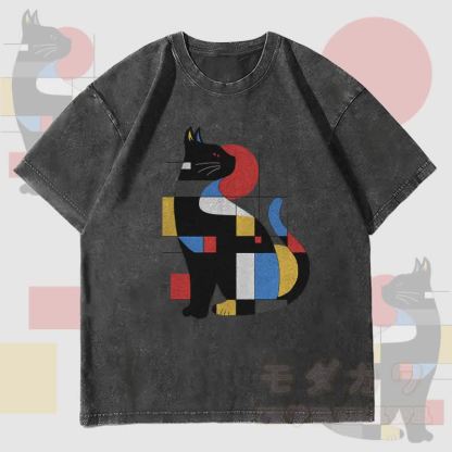 MODAKAWA Geometric Cat Graphic Unisex Vintage Washed T-Shirt - Black - 4XL - image 4