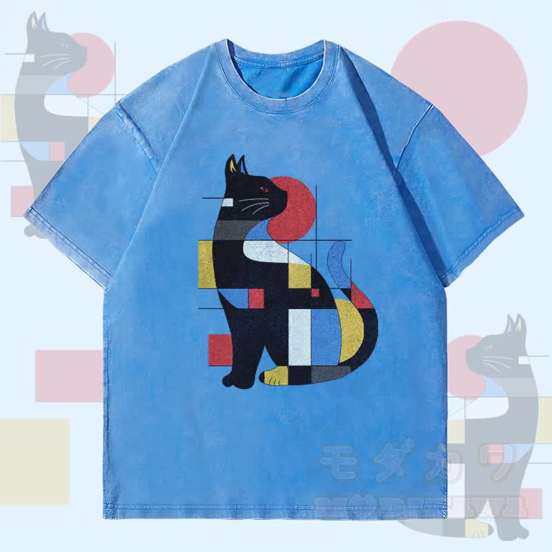 MODAKAWA Geometric Cat Graphic Unisex Vintage Washed T-Shirt - Blue - 4XL - image 3
