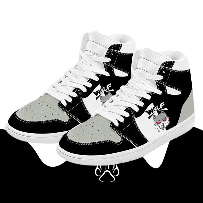 MODAKAWA Smoking Wolf Graphic Color Block High Top Canvas Shoes - Black - 48 - image 1