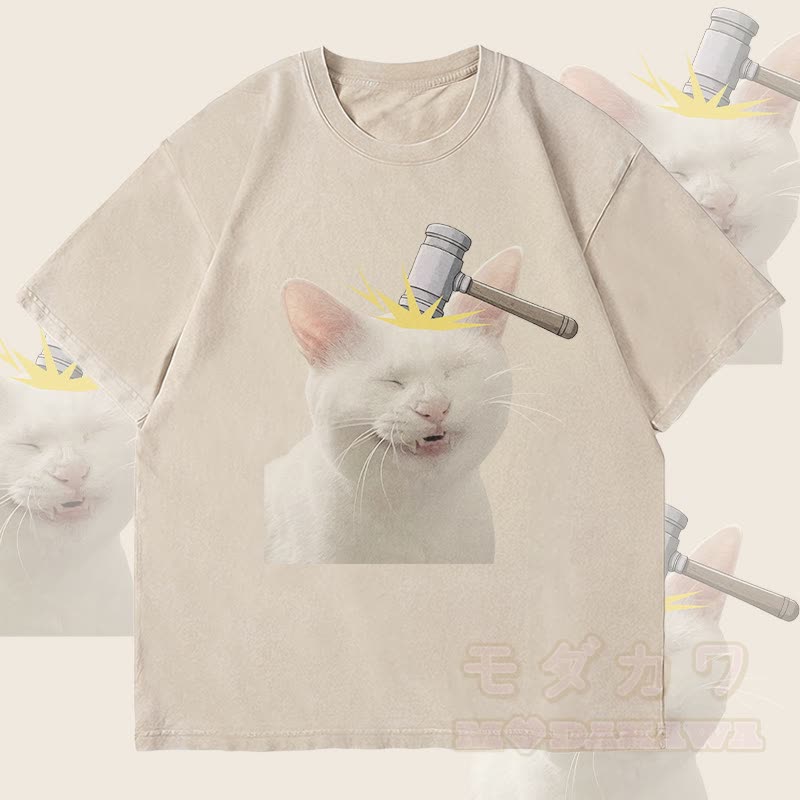 MODAKAWA Bonked Cat Graphic Unisex Vintage Washed T-Shirt - Beige - 4XL - image 2