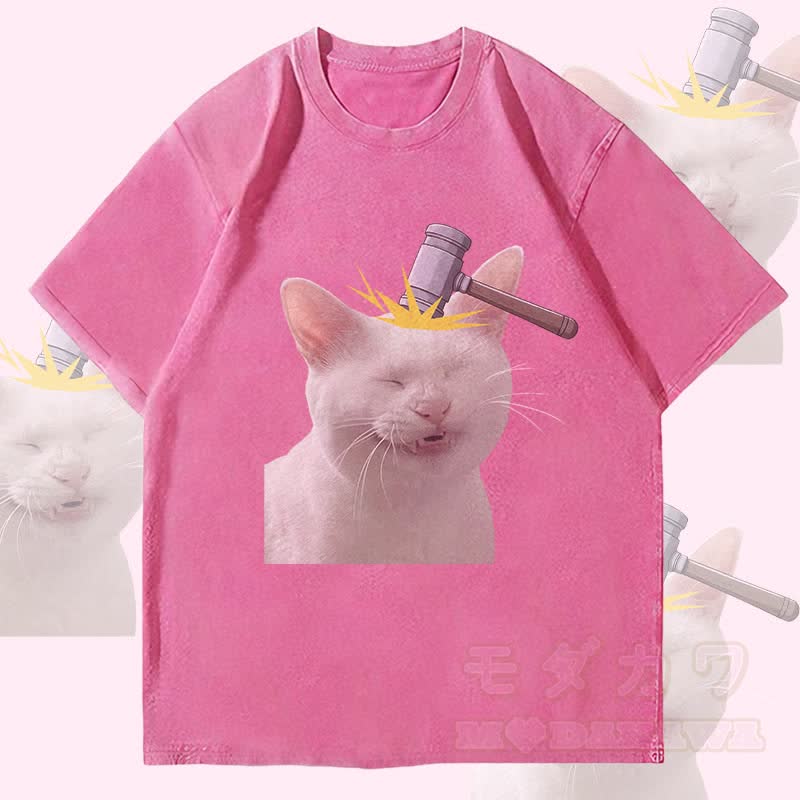 MODAKAWA Bonked Cat Graphic Unisex Vintage Washed T-Shirt - Rose Red - 4XL - image 1