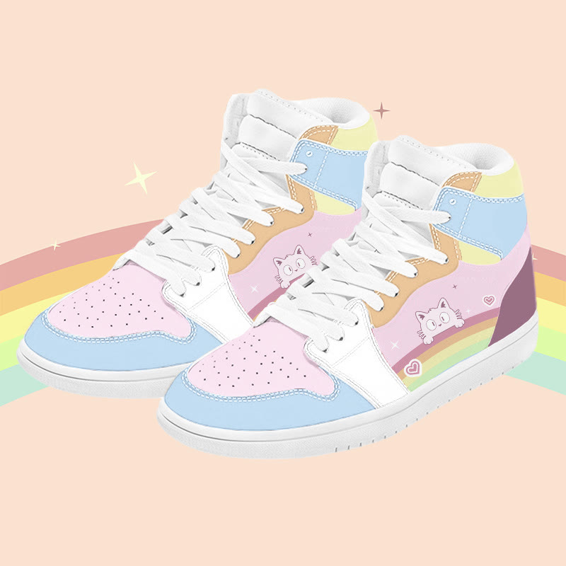 MODAKAWA Rainbow Cat Graphic Color Block High Top Canvas Shoes - Pink B - 48 - image 2