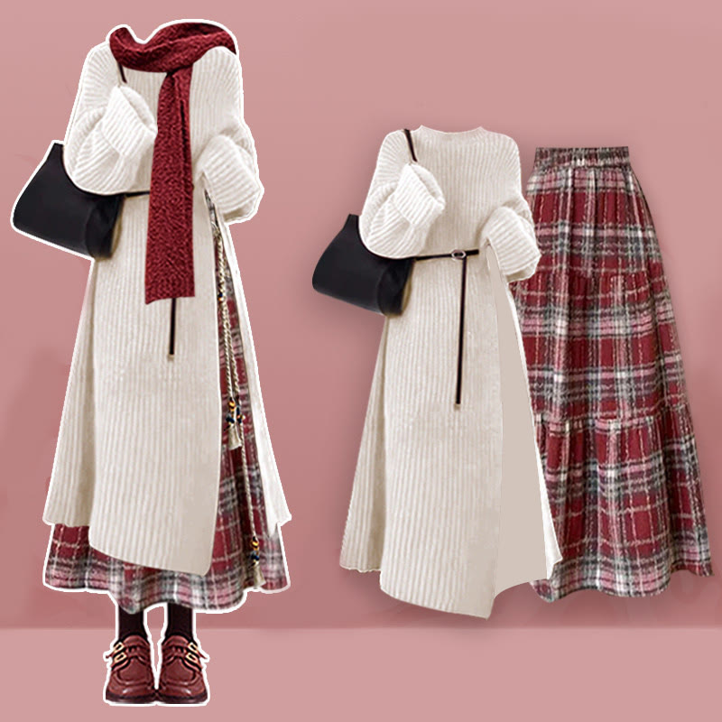 Knit Sweater Dress Plaid Skirt Matching Outfit - Set - XL - image 1