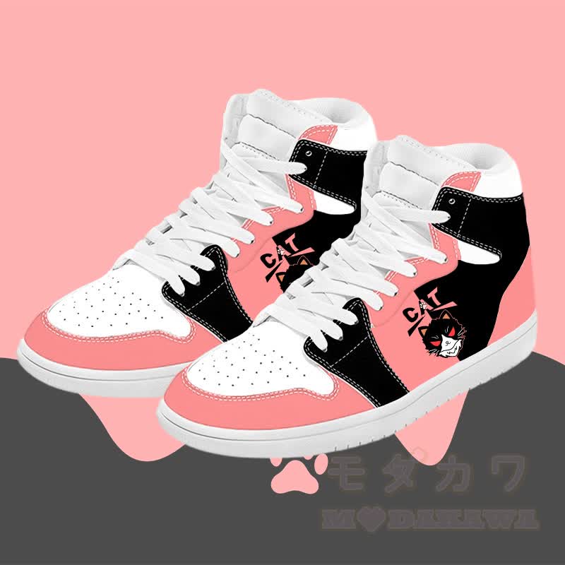 MODAKAWA Black Cat Graphic Color Block High Top Canvas Shoes - Pink - 48 - image 2